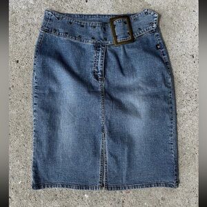 Vintage Y2K Bubblegum Denim Jean Slit Midi Skirt Belted Sz 11/12 Girlhood Teen